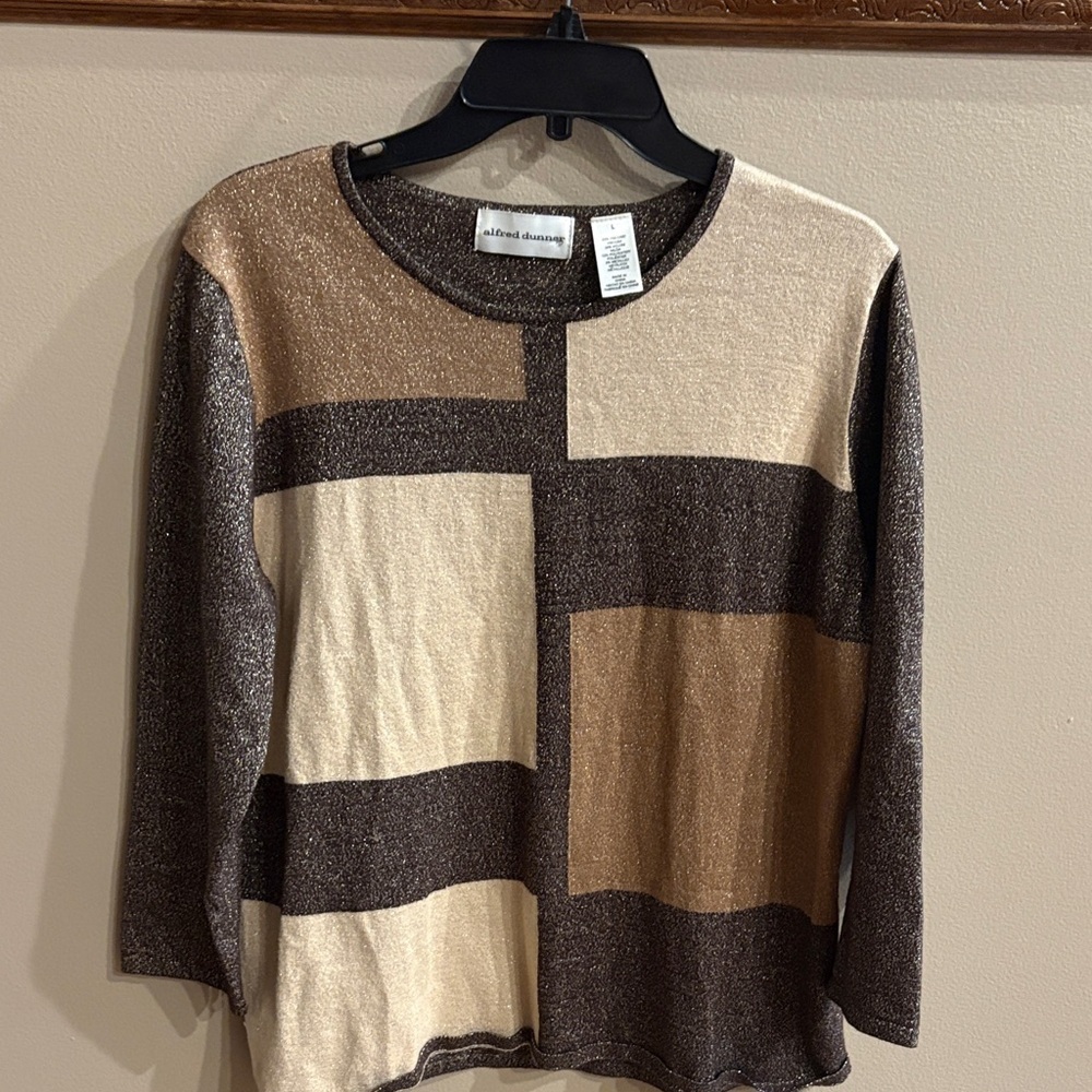 Geometric shimmer Lurex Sweater in Brown Cream tan 3/4 sleeve holiday sparkle L
